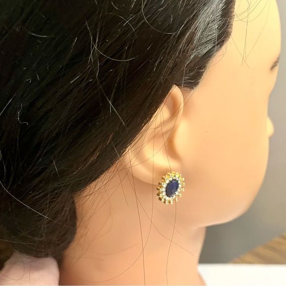 Faux, gold tone blue faceted w/clear rhinestones pierced earrings - Picture 7 of 9